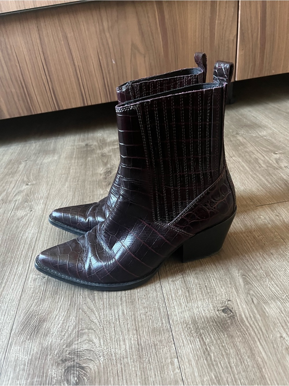 Zara Croc-Embossed Pointed Ankle Boots - Dark Burgundy - Picture 2 of 5
